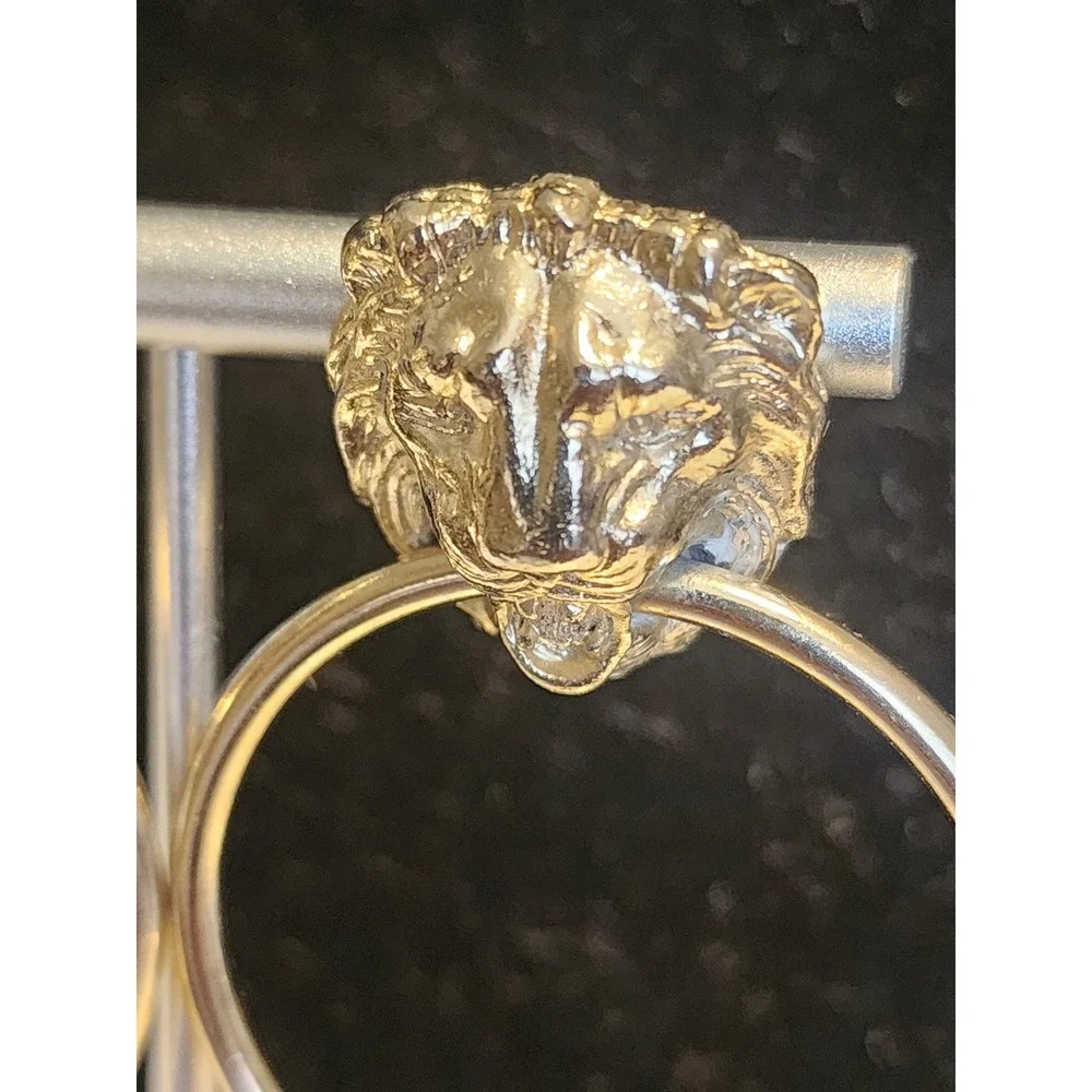 Vintage Gold Tone Lion Head Door Knocker Hoop Earrings Statement Leo